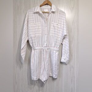 EVERY Button Long Sleeve White & Beige Stripe Romper Collar Waist Tie Size S